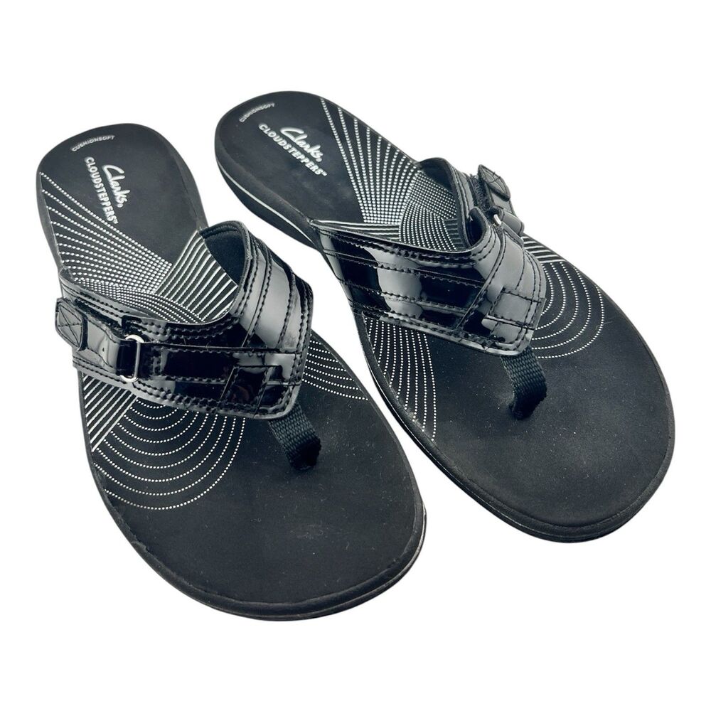 Clarks Womens Sz 10 Cloudsteppers Breeze Sandal Black Thong Flip Flops Sandals